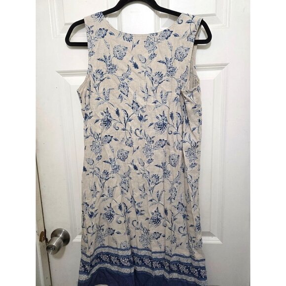 First Issue Sleeveless Floral Print Linen Dress Size L Beige & Blue Lightweight - Picture 5 of 7